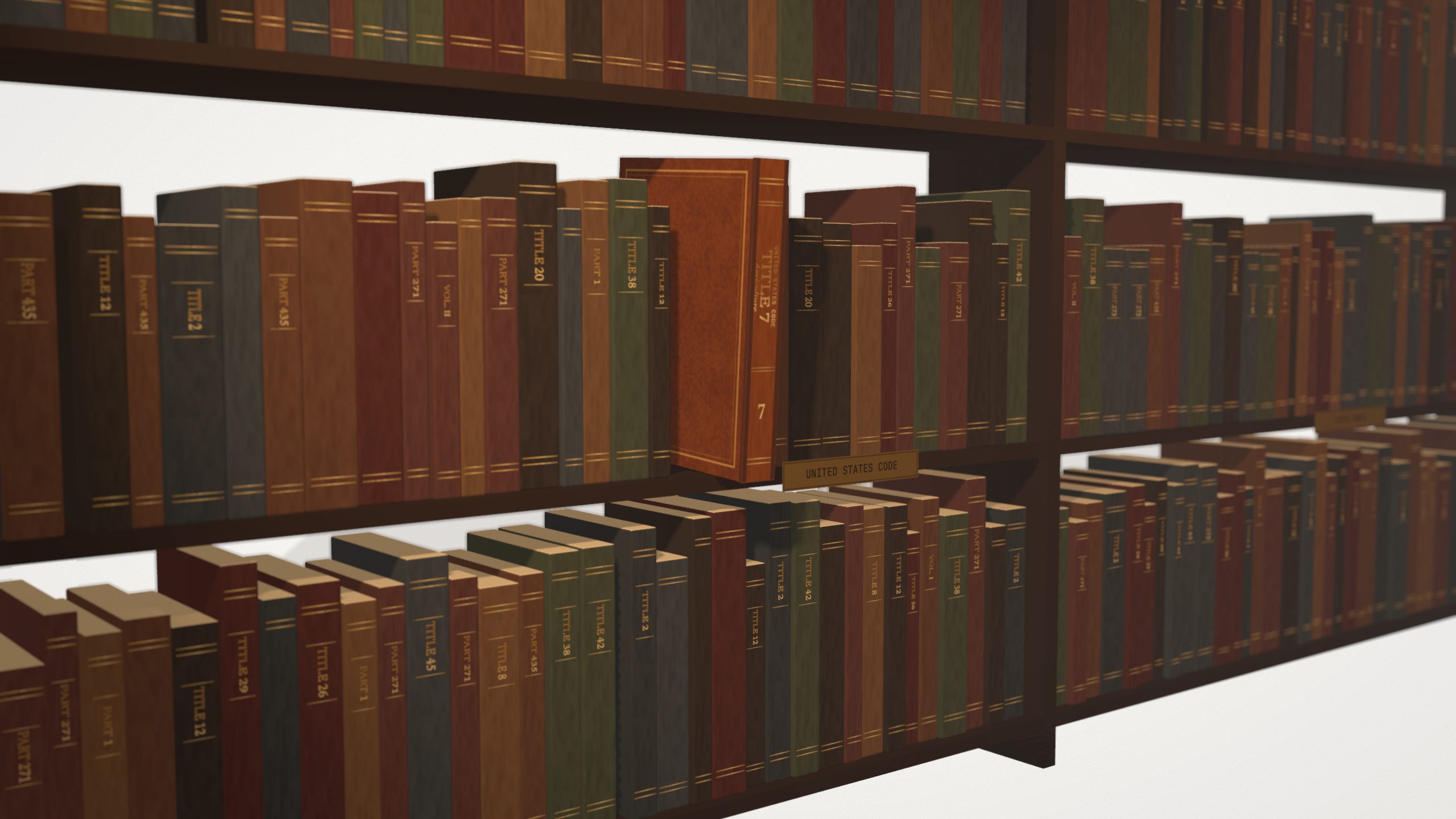 A law library: a bookcase of law books on the page, with the amber volume, United States Code Title 7, Agriculture, lit on the middle shelf.