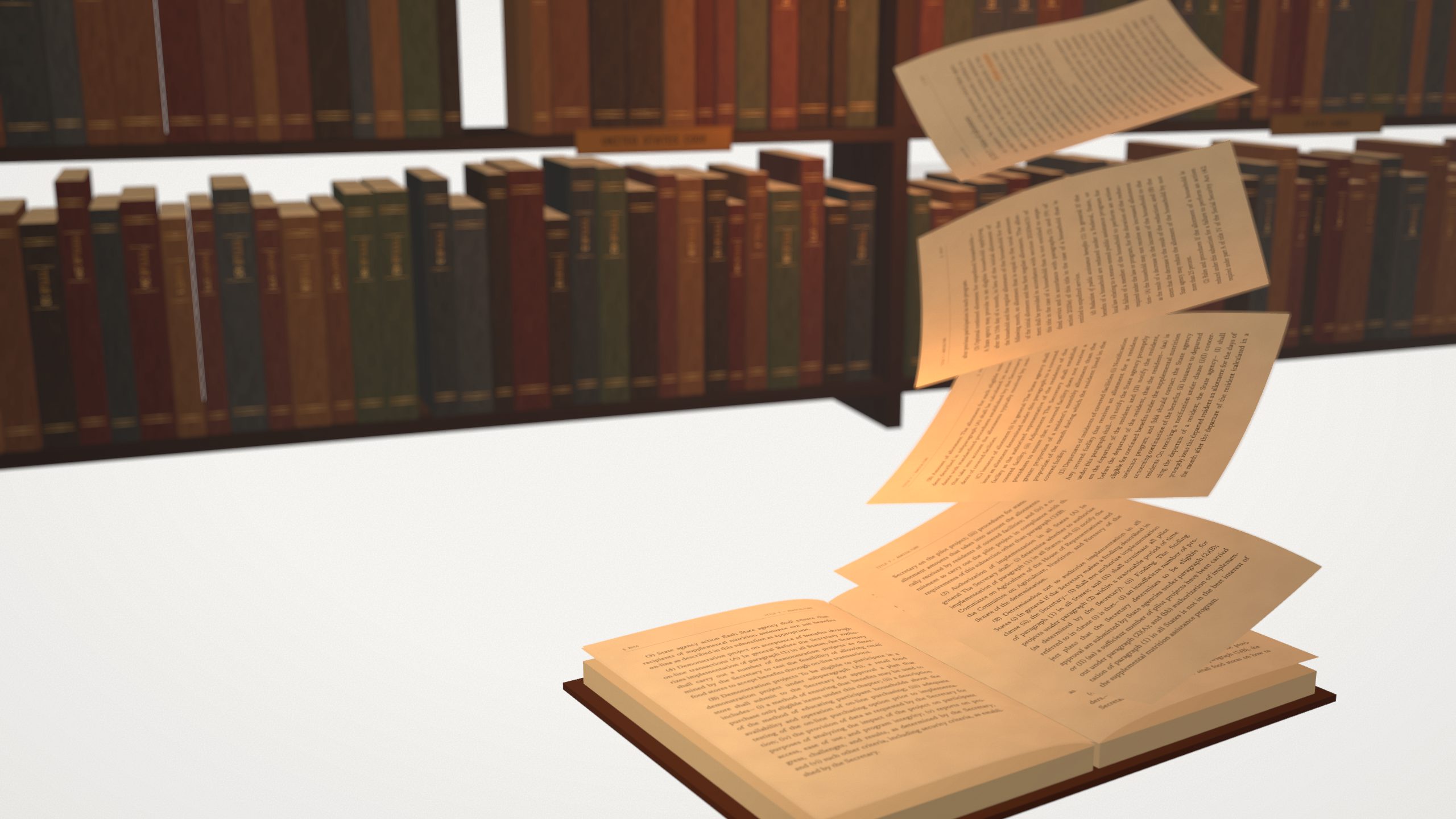 An open law book. Its pages lift off and break into small square cells that stream away as letters of light.